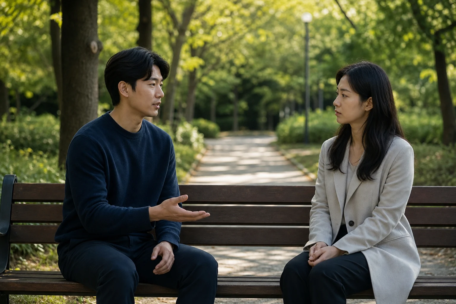 조용한 공원 벤치에서 고마움과 분명한 결정을 차분히 전하는 두 사람