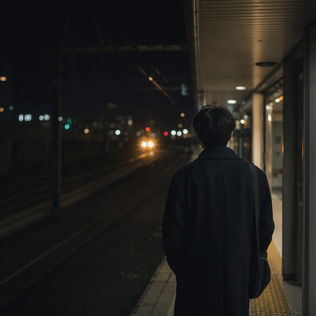 밤 승강장에서 전철 불빛을 바라보는 사람